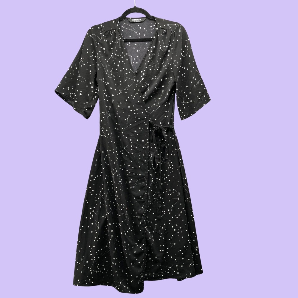 Disturbia Constellation Wrap Midi/Maxi Dress Size 4 Black Celestial Goth Witchy